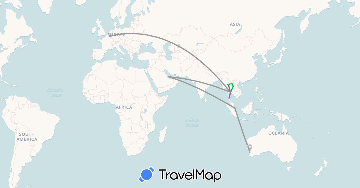 TravelMap itinerary: driving, bus, plane, train, boat in Australia, Belgium, Laos, Qatar, Singapore, Thailand (Asia, Europe, Oceania)